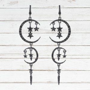 Moon Earrings Dangle Drop Dangling Long Black Sparkly Stars Halloween Jewelry